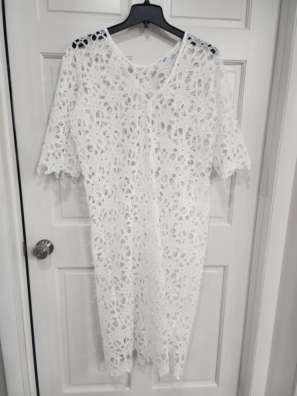 White Floral Lace Maxi Scoop Neck See Through Swim Cover-Up Over Dress
